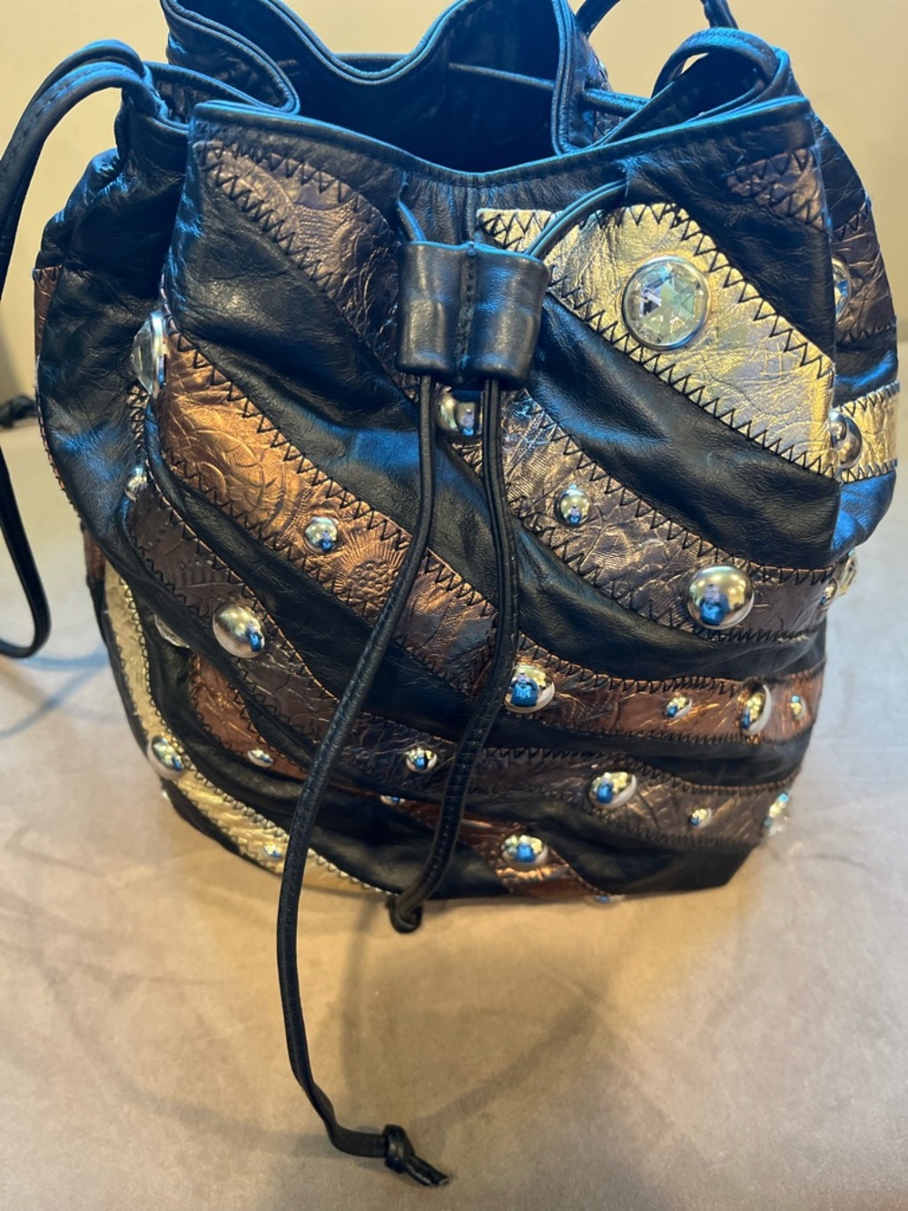 Bags by Pinky Metallic Rhinestones, Leather Drawstring Hobo Bucket Bag